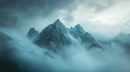 Surreal 3D landscape illustration featuring peaks and mountains set in a heavily clouded atmosphere