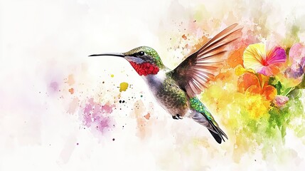 A hummingbird approaching a vibrant flower in a colorful display of nature during the daytime
