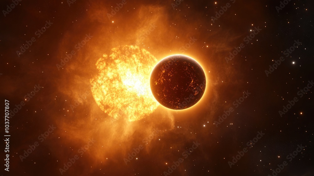Poster 3d illustration of a cartoon rendering depicting an exoplanet transit in front of its host star in d