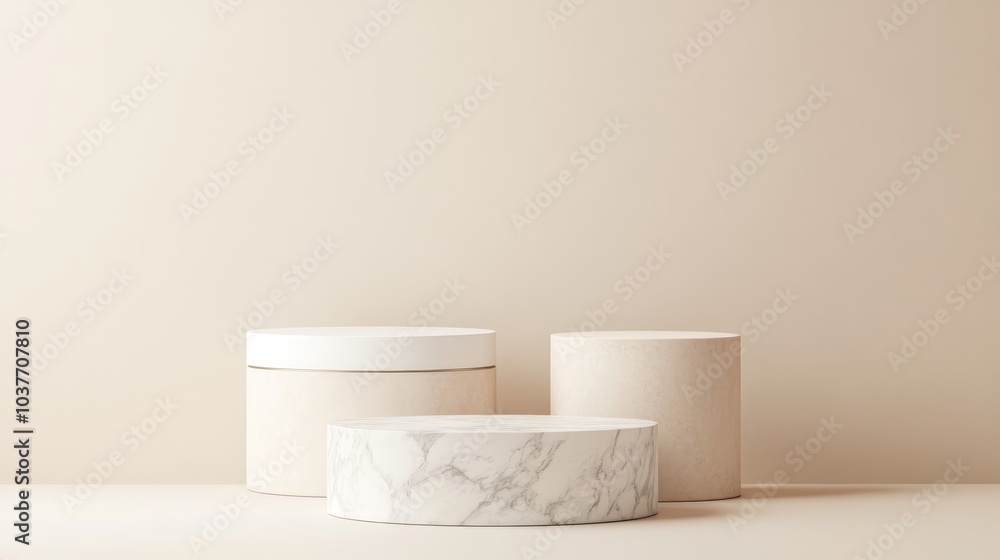 Poster empty white marble pedestal on a soft beige background minimalist boxes and geometric shapes create 
