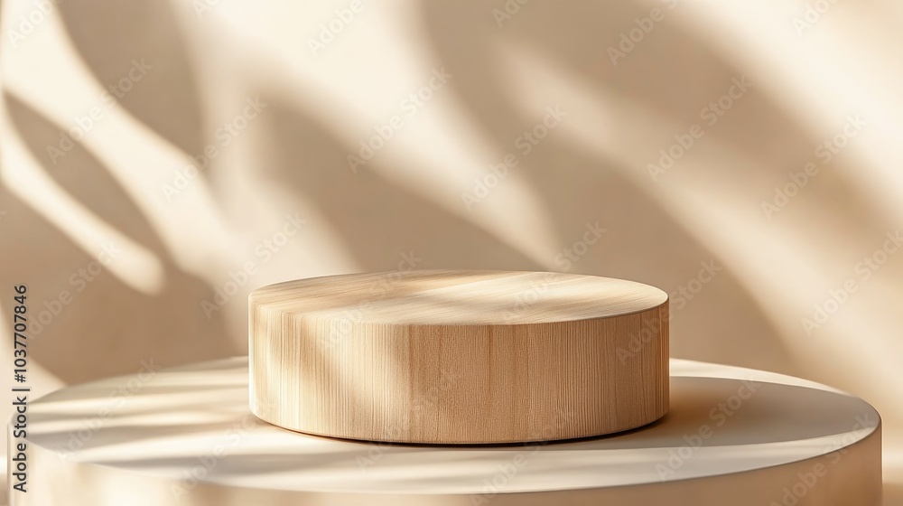 Poster round wooden saw cut cylinder on a beige abstract background minimal box and geometric podium create