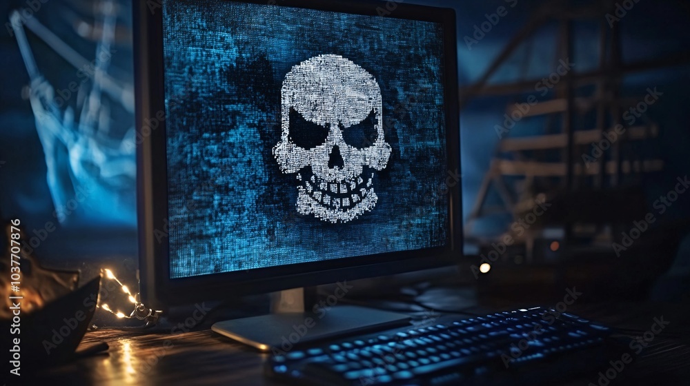 Aufkleber A warning message popping up on a computer screen notifying users of pirated software detection Stock Photo with side copy space