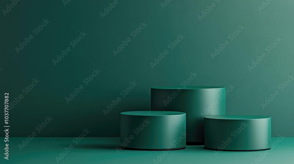 Poster Cylinder podiums on a green background Abstract minimal scene featuring geometrical shapes Set designed for showcasing cosmetic products Mock up design with empty space Display case showcase conce