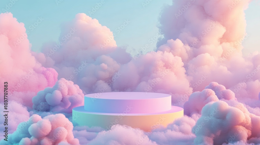 Poster pastel podium surrounded by clouds on a background of soft colors 3d rendering