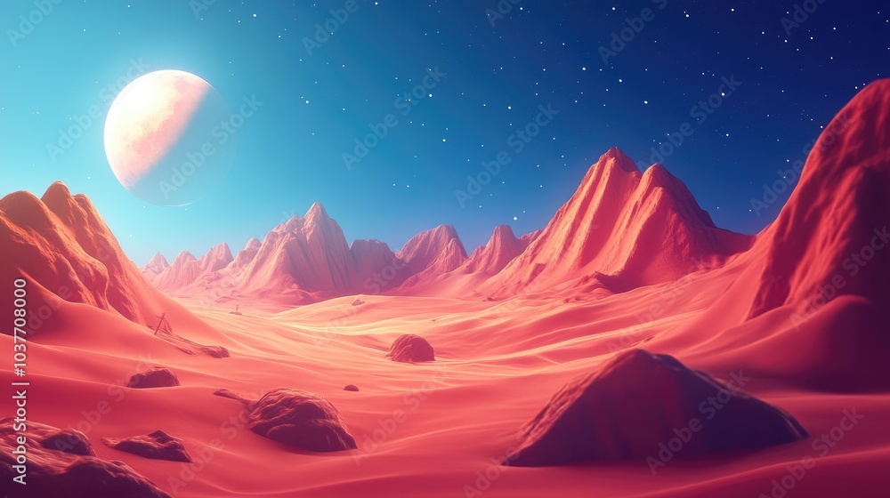 Poster abstract wallpaper featuring a 3d cartoon rendering of the red planet in outer space expedition and 