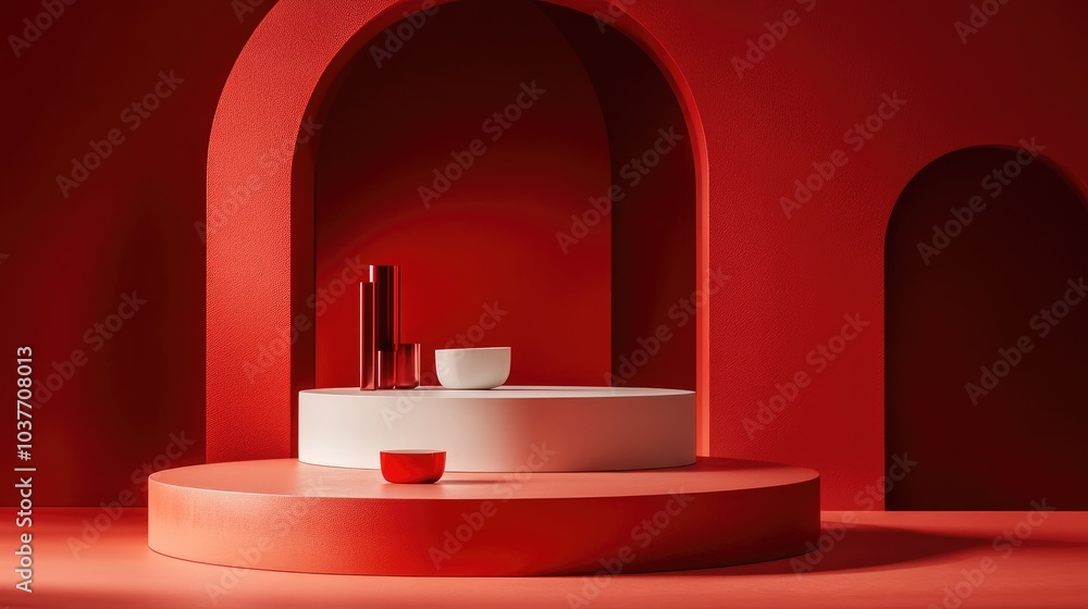 Poster red backdrop featuring a geometric shaped podium for product display 3d rendering