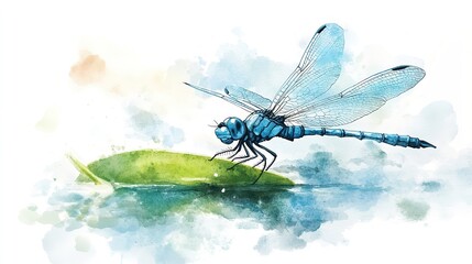 A dragonfly perched on a leaf by a serene pond during a bright summer day in nature