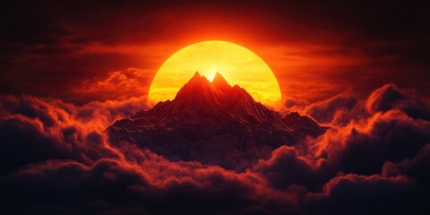 A stunning view of the setting sun aligned with the peak of a mountain, creating a beautiful visual spectacle, Mountain sunset alignment visual spectacle