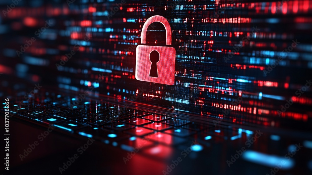 Poster A digital security breach notification for illegal file sharing activities displayed on a laptop Stock Photo with side copy space