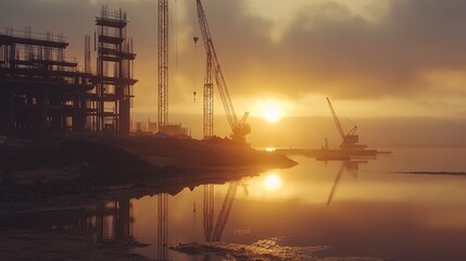 Coastal construction site at sunrise cranes and scaffolding near the shoreline golden light reflecting off the water in the distance Camera wide shot from low angle calm morning atmosphere 