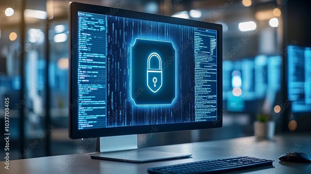 Poster A computer screen highlighting illegal torrent downloading with a threatening security message Stock Photo with side copy space