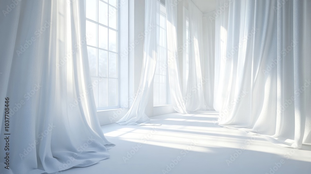 Poster 3d rendering of white curtains in a well lit room with a window