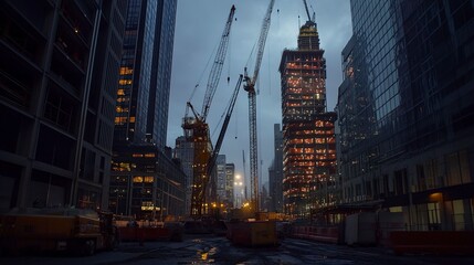 High-rise construction site at twilight towering cranes steel structure reaching toward the darkening sky city lights in the distance Camera wide angle from street level dramatic lighting  