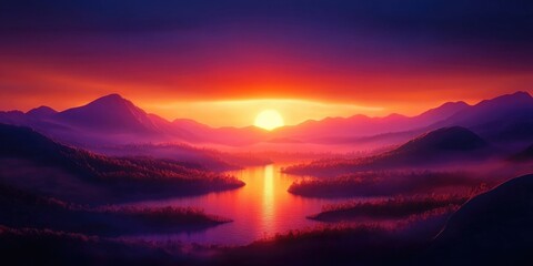 Sunset Views Over Land and Water, Scenic Sunset Over Landscape and Water