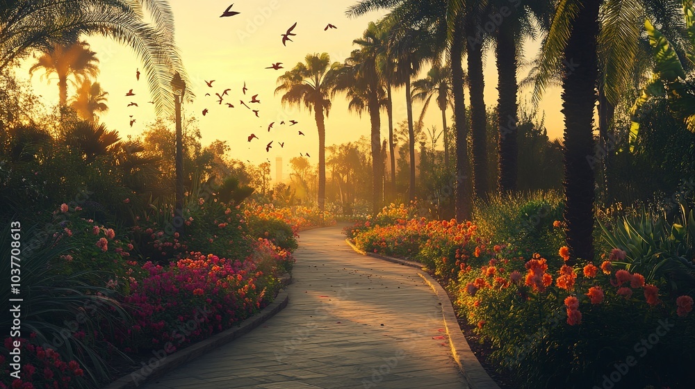 Poster tropical zoo at dusk soft orange light over exotic bird aviary palm trees swaying in the breeze wind