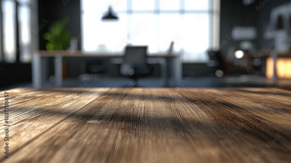 Poster 3d rendering of an empty wooden tabletop with a blurred office environment in the background
