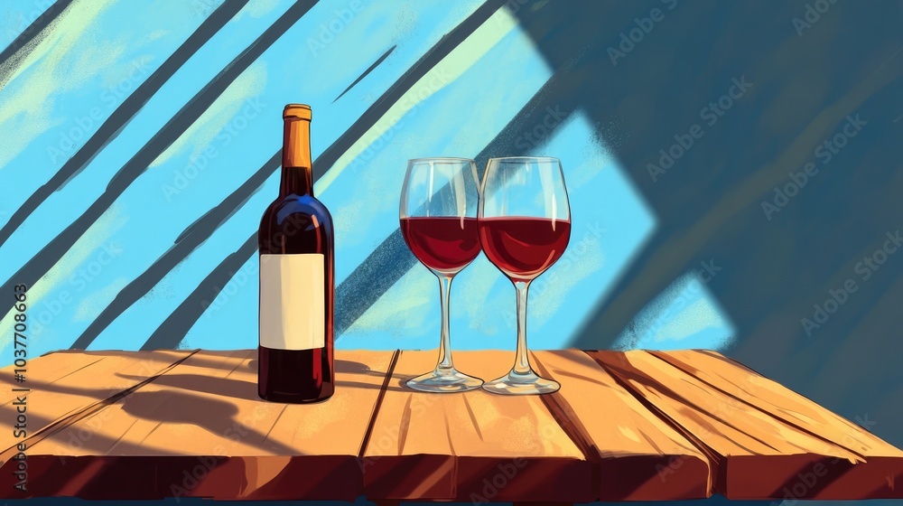 Poster a wooden table features a bottle and two glasses of wine positioned against a blue wall with diagona