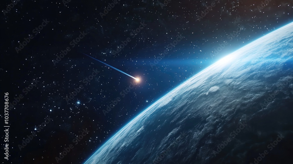 Poster astronomical scientific background featuring a bright comet approaching earth in a 3d cartoon render