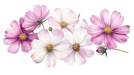 Fototapeta premium Bouquet of pink and white cosmos flowers Isolated hand painted watercolor illustration of aster Floral design suitable for wedding invitations greeting cards textiles and wrapping paper