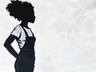 Silhouette of an African American female in casual overalls against a white background