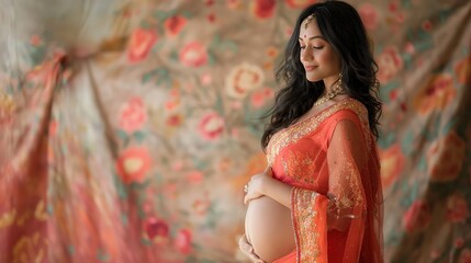 Indian pregnant woman in traditional dress cradling belly, surrounded by vibrant floral backdrop