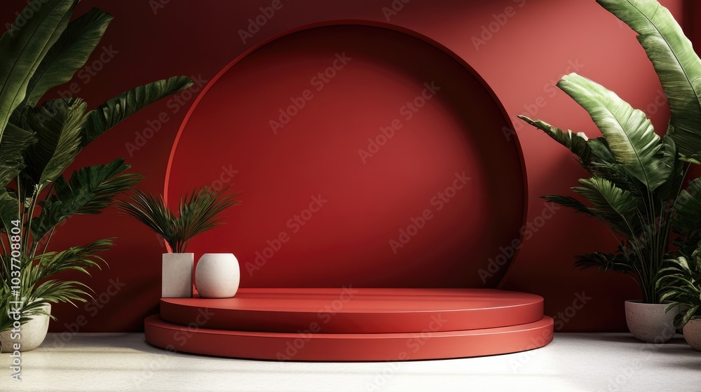 Poster red stage podium decoration designed for product display 3d rendering