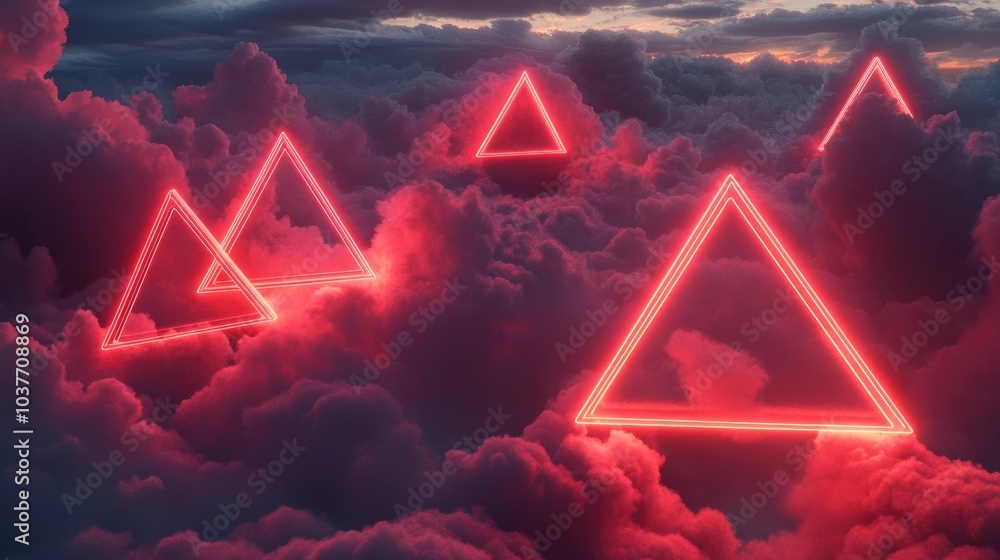 Poster red neon triangles in clouds depicted in 3d cartoon rendering