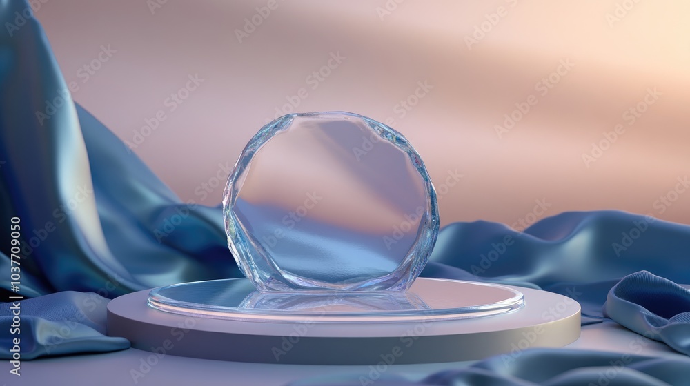 Aufkleber crystal glass podium with a round 3d display stand and a presentation platform in the background
