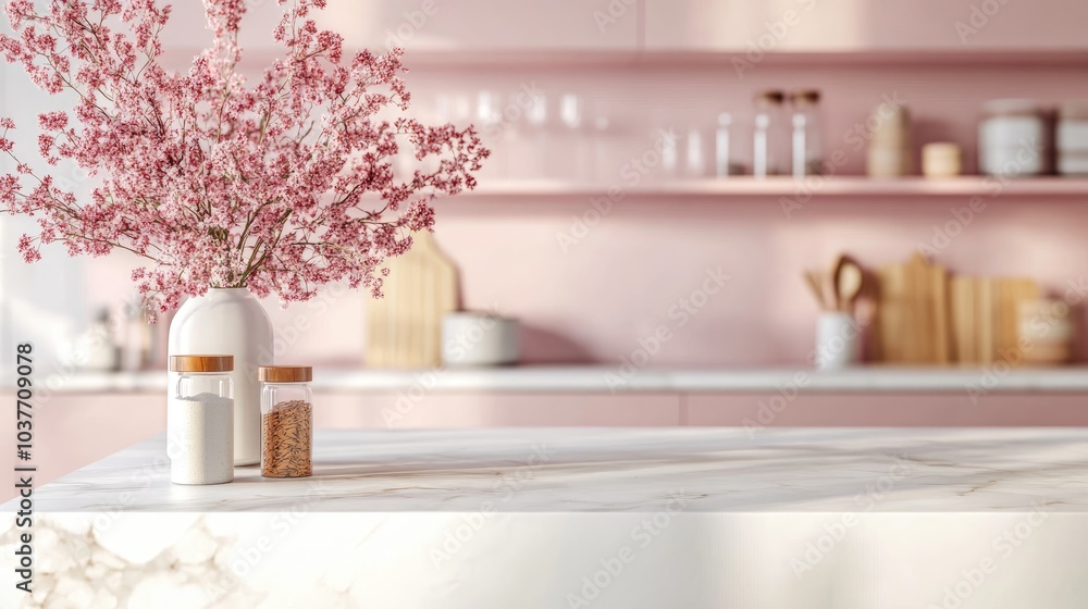 Poster 3d rendering of a white marble kitchen tabletop with empty space for product display set against a s