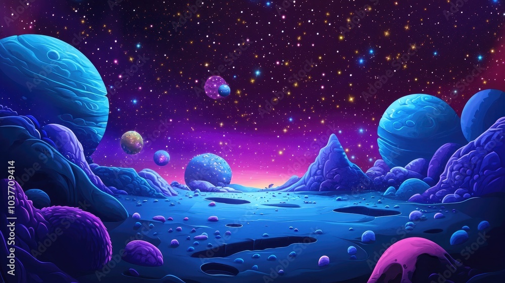 Poster panoramic view into deep space with a 3d cartoon rendering of a dark night sky filled with stars and