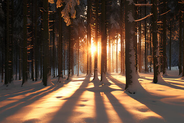 Beautiful winter forest landscape with tall trees covered in snow at sunset. Snow-covered coniferous tree trunks create long shadows on the ground, creating an enchanting and magical atmosphere.
