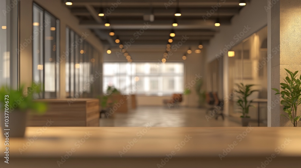 Poster 3d rendering of a blurred empty office space with abstract light bokeh in the interior background fo