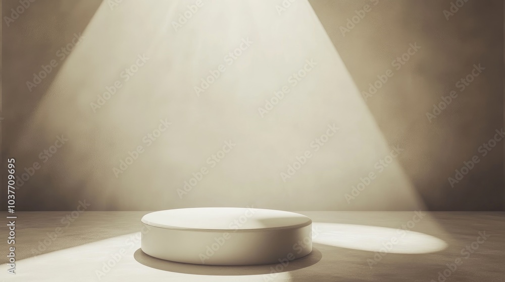 Poster Illuminated white round pedestal in an abstract setting Features high quality 3D design with spotlights on a light background Suitable for banners flyers or web use 3D render template