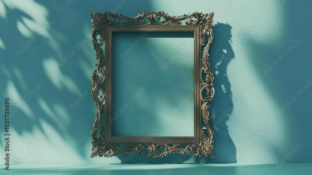 Poster 3d rendering of a vintage openwork bronze metal frame displayed against a blue wall background featu