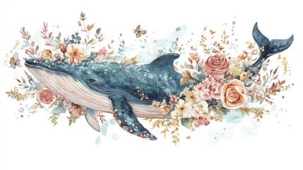 Surreal watercolor illustration of a whale adorned with floral elements against a white backdrop