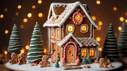 Fototapeta premium Magic Christmas market with handmade gingverbread houses and trees. Night sky with stars and huge moon on background.