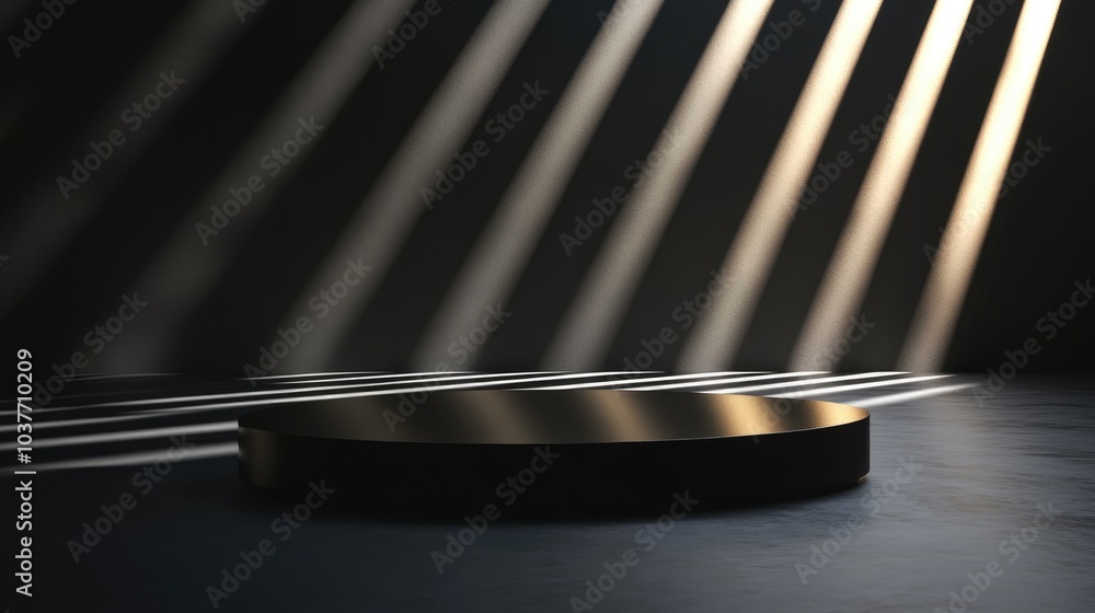 Poster 3d rendering of a black abstract table stage featuring light beams and shadows designed for product 