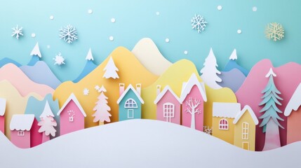 Fototapeta premium Charming Winter Village Paper Cut Art
