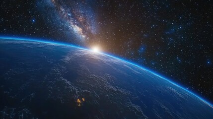 Beautiful blue planet Earth with a blue glow surrounded by a starry sky and the Milky Way in 3D cartoon rendering during sunrise in space