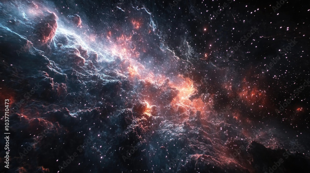 Poster panoramic view into deep space with a 3d cartoon rendering of a dark night sky filled with stars and