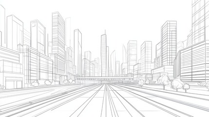Fototapeta premium Line art illustration of a low polygon cityscape featuring geometric buildings a tall structure and pathways including rivers and roads