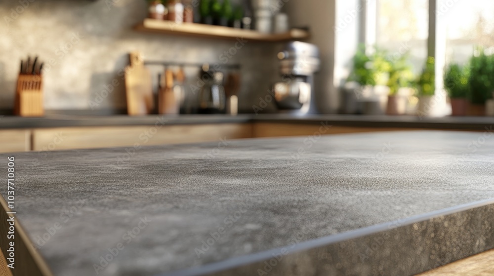 Poster 3d rendering of a kitchen countertop with a blurred background designed for product display and adve
