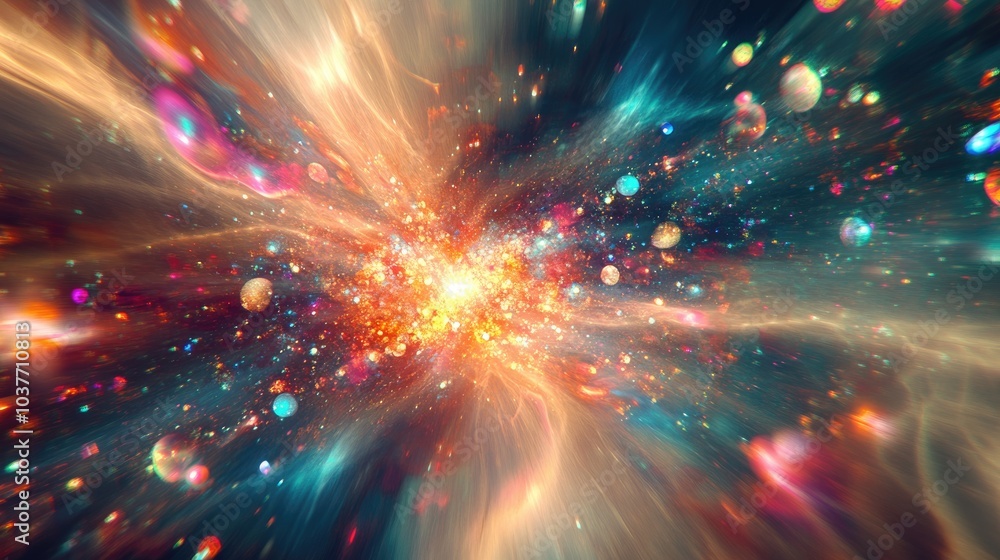 Poster abstract multicolor supernova fractal light background in a 3d cartoon rendering