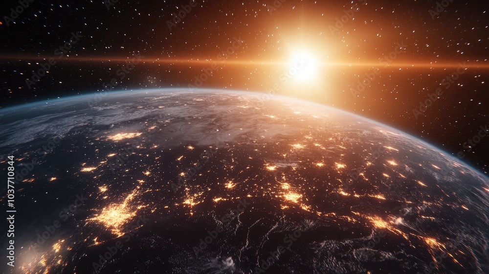 Poster astronaut in outer space above the earth with sunlight depicted in a 3d cartoon rendering with city 
