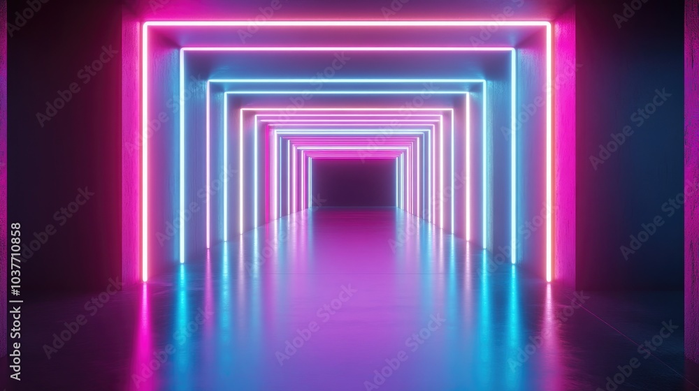 Poster futuristic neon glowing lines illuminate a dark tunnel creating reflections on the floor and ceiling