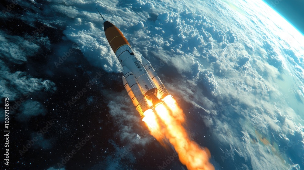 Poster rocket launch into space in 3d cartoon rendering high quality image