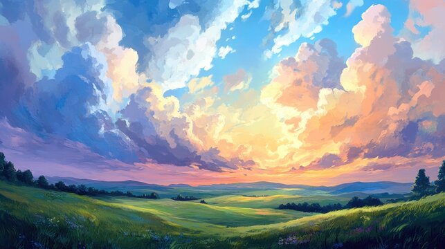 Scenic landscape featuring rolling hills under a vibrant sky with fluffy clouds showcasing the beauty of nature in a serene and tranquil environment