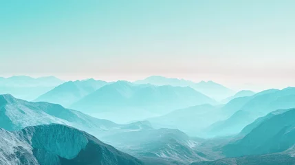 Fototapete Rund Cyan sky and mountain scenery create a whimsical panoramic view Enchanting landscape with a clear glass effect Graphic horizon reminiscent of vintage game art © VRVisionary