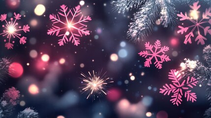 Fototapeta premium New Year celebration banner featuring pink firework sparklers illuminating a dark night filled with snowflakes and bokeh lights