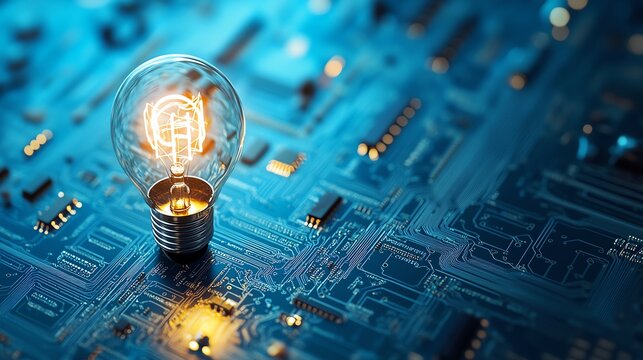 Light bulb glowing on a circuit board, high-tech close-up.